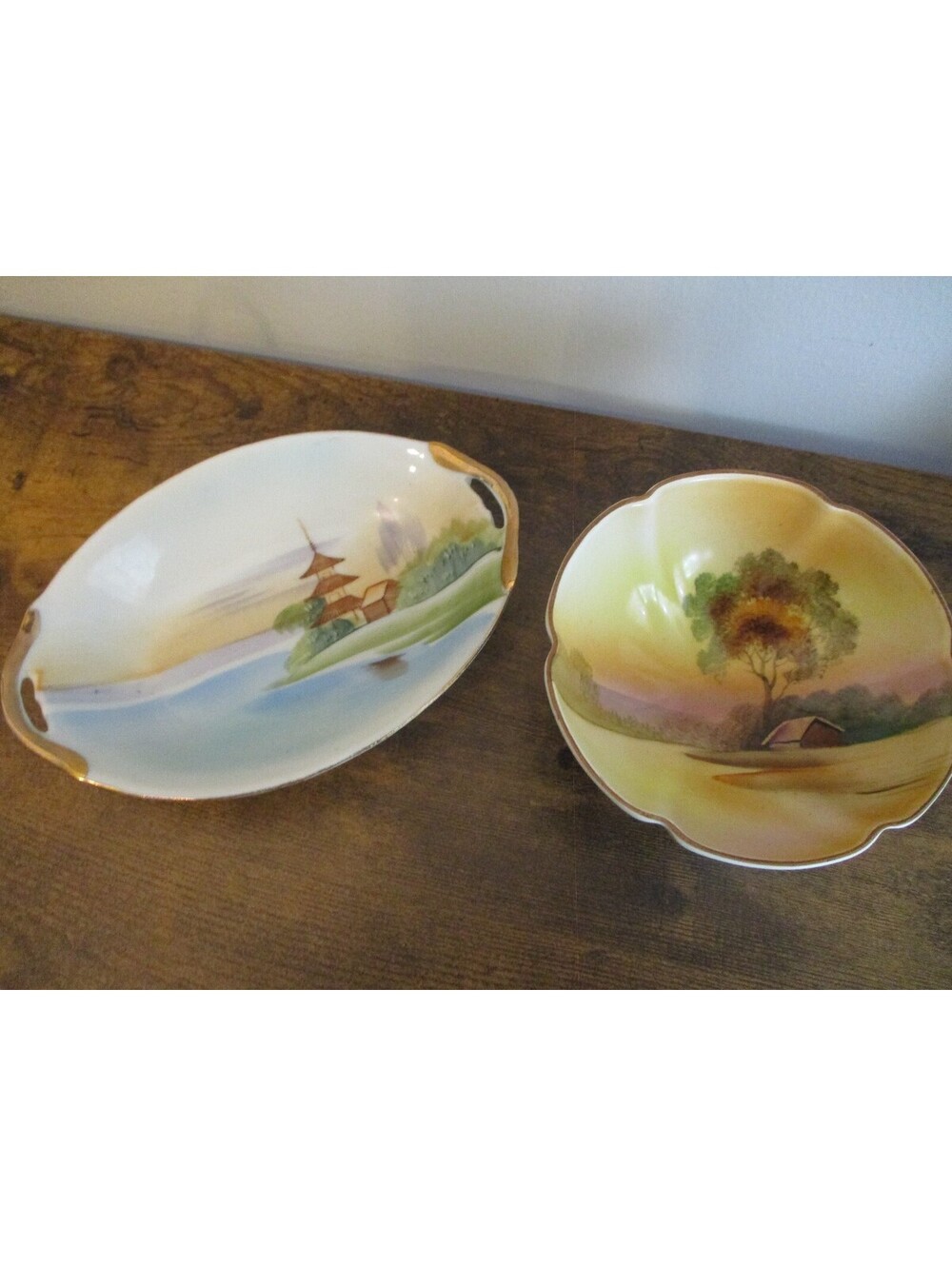 Antique Nippon Hand Painted Landscape Set 3-Footed Bowl & Pagoda Celery Dish